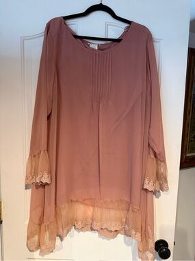 Women's Dusty Rose Midi Dress with Lace Trim